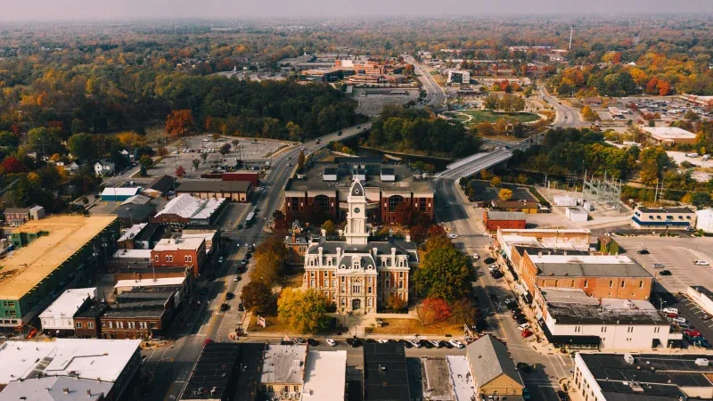 Aerial view of older homes on Buffalo NY streets in autumn